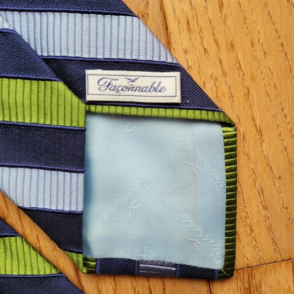 Faconnable Silk Tie Handmade In Italy Blue Green Stripe - Picture 5 of 8